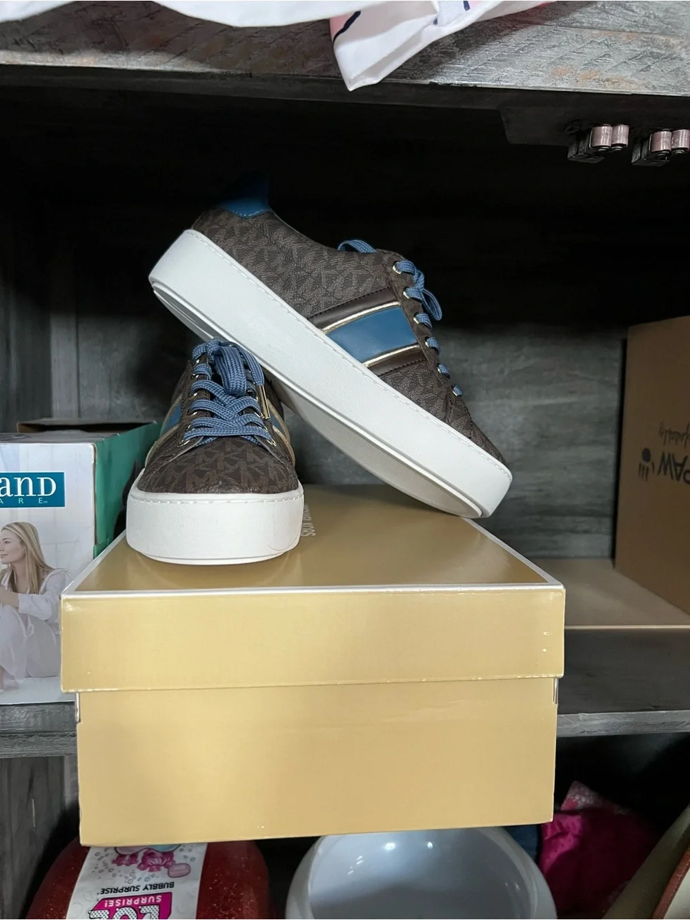 Michael Kors Brown Logo Low-Top Sneakers with Blue Accents